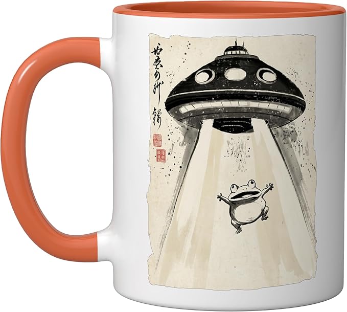 Ukiyo-e Style UFO Abducting Cute Frog Ink Art Painting Ceramic Mug, Orange/White