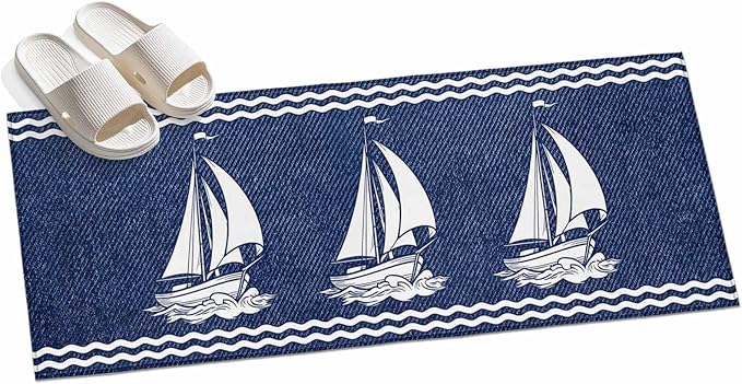 Runner Rug for Bedroom Hallway, Nautical Sailing Boat on Steel Blue Kitchen Runner Rugs Area Rug 2x6ft, Vintage Water Waves Washable Soft Floor Carpet for Entryway Stair