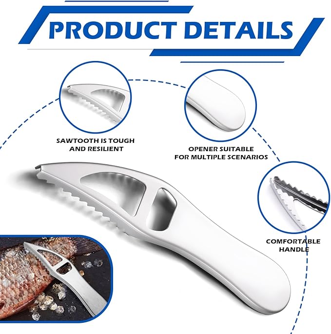 2 Pcs Silver Fish Scaler Remover, Stainless Steel Seafood Cleaning Tools, Portable Fish Scale Scraper with Bottle Opener for Kitchen and Outdoor Use