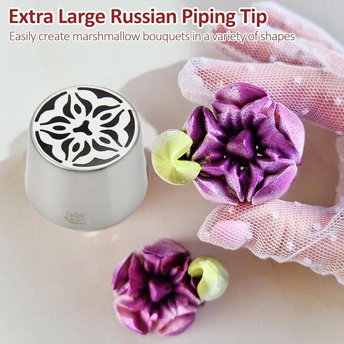 Extra Large Russian Piping Tip Set - 10 Stainless Steel Marshmallow Buttercream Framing Nozzles for Roses Tulip Cake Decorations and Bouquets, Includes 1 Leaf Nozzles and 1 Cleaning Brush(10A)