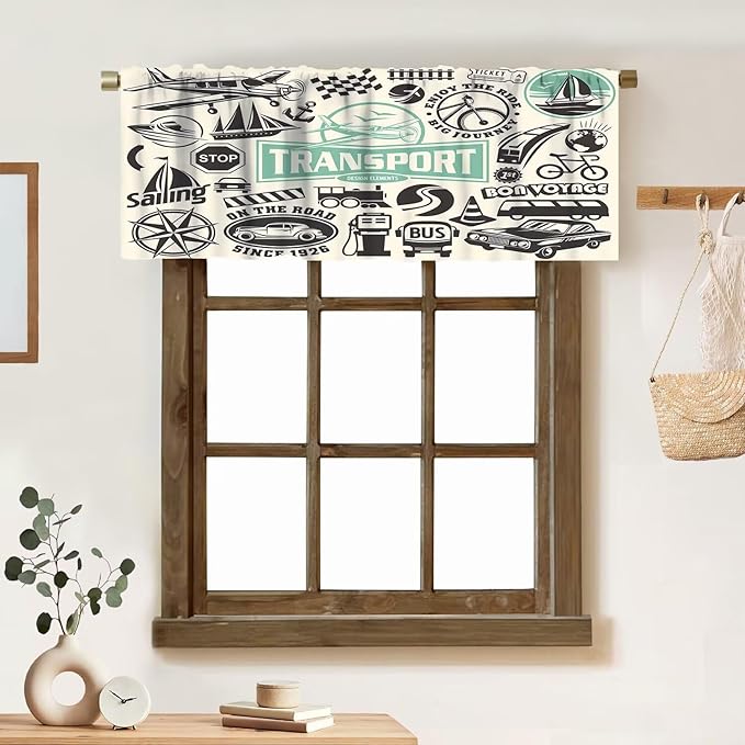 Retro Valances Curtains Garage Symbol Car Transportation Vehicle Icon Set,Design Elements of Car Logo Windows Short Curtain Valance for Kitchen Bedroom with Rod Pocket, One Panel 54X18 Inches