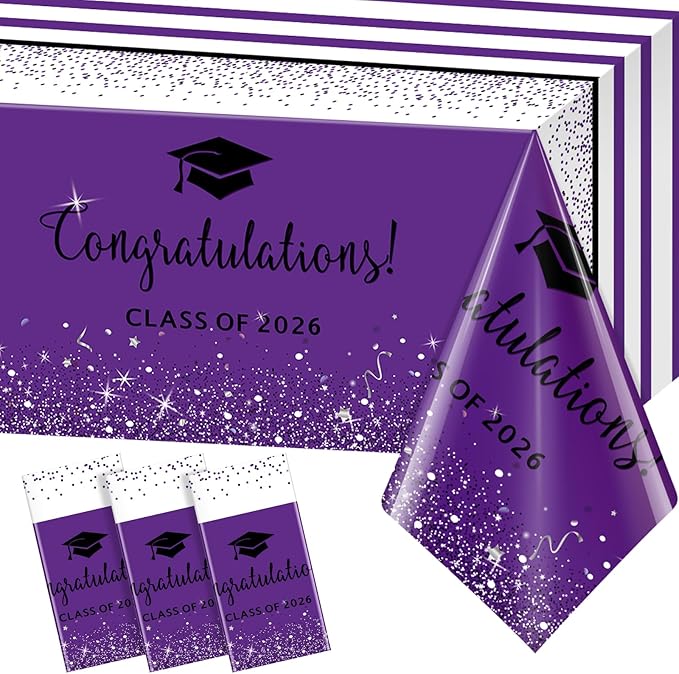 3 Pack Class of 2026 Graduation Tablecloths,Foil Dot Plastic Disposable Rectangle Table Covers for 2026 High School University College Graduation Party Decorations,108*54 Inch (Purple and Black)
