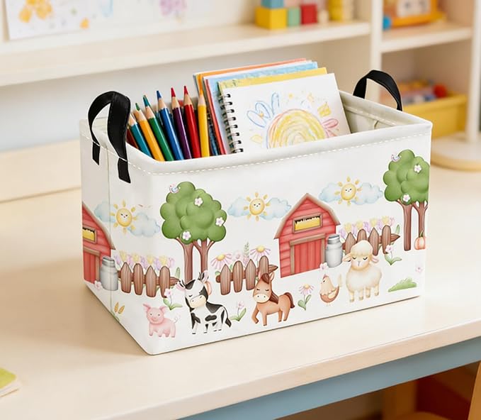 Essme Rectangular Farm Basket,Kids Baskets Empty with Handles,Cute Baskets for Kids Room Decor,Boys and Girls, Gift Basket,(Animal Farm)