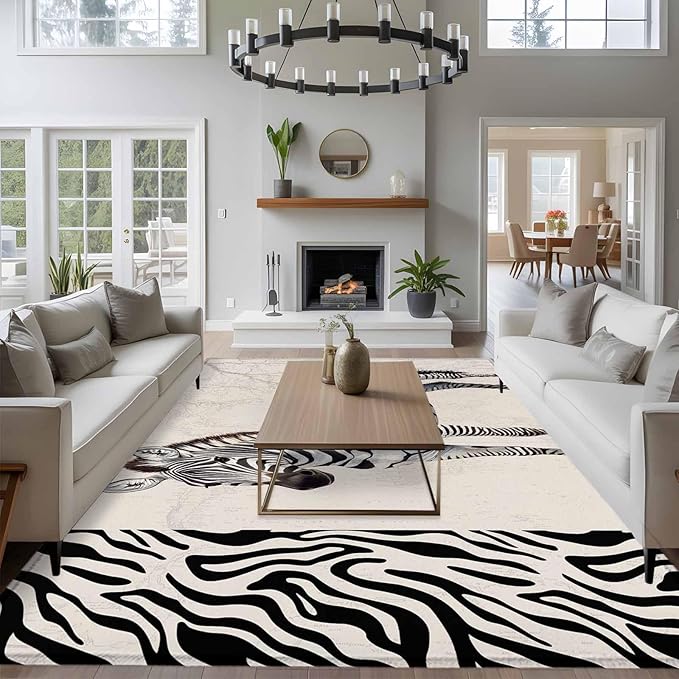 Area Rug 6x9ft, Zebra Black Stripe Animal Portrait Washable Rugs for Living Room Bedroom, Vintage Tree Branch Soft Non-Slip Area Rugs Rectangle Floor Carpet for Dining Room