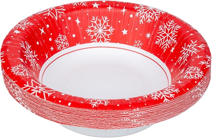 Glad Everyday Disposable Paper Bowls, Red Snowflake Holiday Design - Heavy Duty Soak-Proof Microwavable Paper Bowls - For Soups, Cereals, and Hot Foods, 12 Ounce, 20 Count - 8 Pack