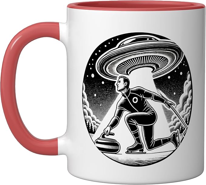 Curling Curl Curler Sport Men Guys Male Ice Outer Space Ceramic Mug, Red/White