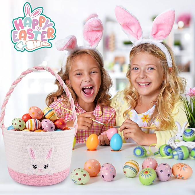 Easter Baskets for Girls, Pink Big Eyes Bunny Gift Basket Empty with Handle Woven Cotton Rope Egg Hunt Bag for Kids Babies Toddler Teens