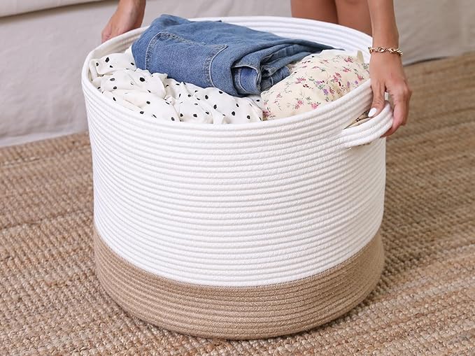 Cottonphant 20" x 20" x 15" Extra Large Storage Basket with Lid, Cotton Rope Storage Baskets, Laundry Hamper, Cloth Bin, for Clothes Towels Blankets Pillows Storage in Living Room, White/Jute Bottom
