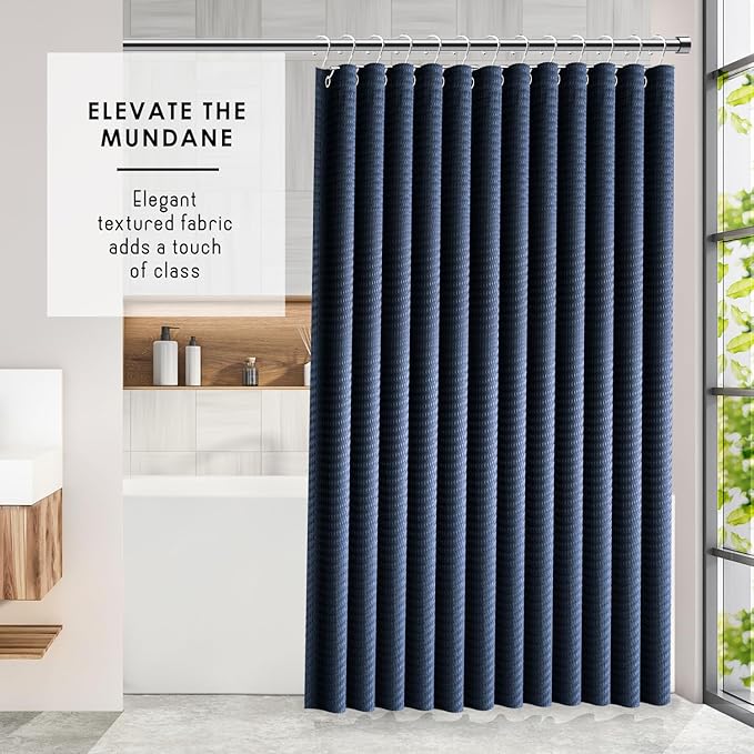 Clara Clark Navy Blue Shower Curtain Set with Black Shower Caddy Hanging - Fabric Shower Curtains and Stainless Steel Shower Caddies, Bathroom Shower Curtain Sets with Corner Shower Caddy Dorm