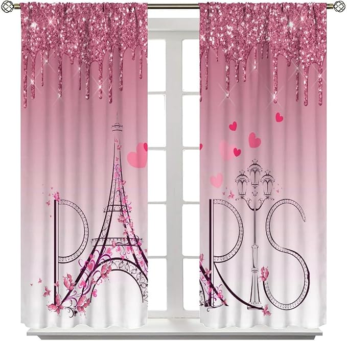 Eiffel Tower Blackout Curtain,Pink Glitter Romantic Paris Floral Abstract Window Treatment Curtains Dining Room Living Room Kitchen Cafe Bedroom Office Drapes,63x72 in