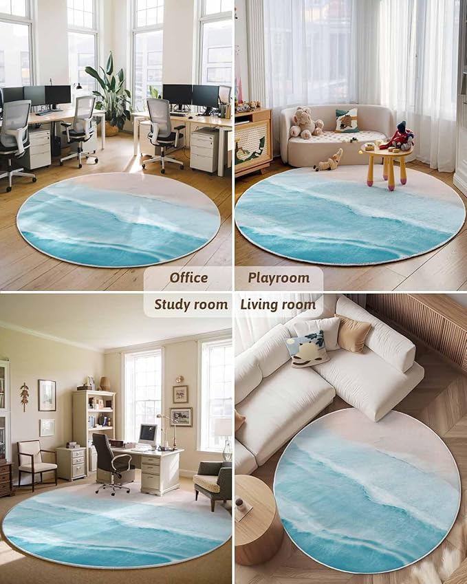 Round Area Rug,Summer Beach Blue Wave Water Ripple Circle Living Room Rug Non-Slip Rugs Indoor Carpet,Seaside Coastal Nautical Soft Comfort Rugs for Bedroom KidsRoom Nursery