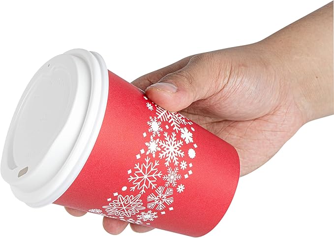 Restaurantware-Restpresso 12 Ounce Disposable Drinking Cups, 20 Hot Cups With Plastic Lids - Snowflake Design, Rolled Rim, Red Paper Coffee Cups, For Christmas Parties, Serve Hot And Cold Drinks