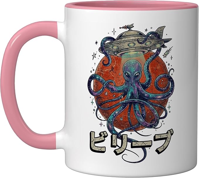 Retro Vintage Japanese Octopus Kraken Alien Planet Galaxy Ceramic Mug, Pink/White