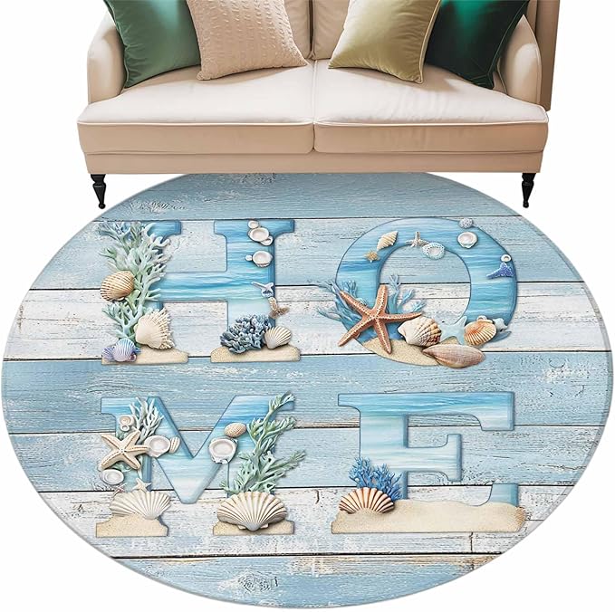 Washable Round Area Rug Summer Ocean Beach Shell Home Quote Circle Rugs Floor Carpet for Living Room Bedroom, Farm Blue Wood Board Soft Non Slip Round Rug 5ft