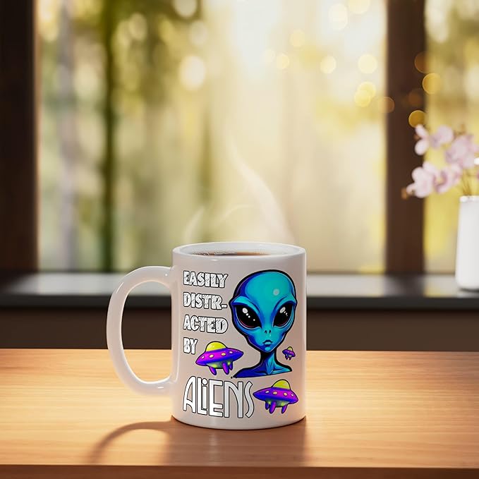 Easily Distracted By Aliens Funny Sci Fi Apparel Design Ceramic Mug, White