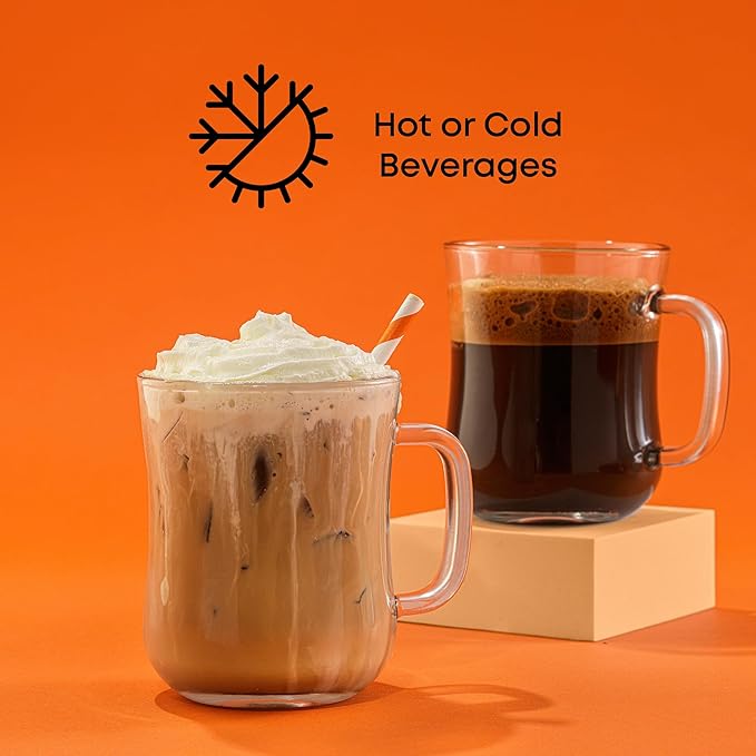 JoyJolt Glass Coffee Cups - 15.5oz Diner Coffee Mug Set of 4. Clear Coffee Mugs, Cappuccino & Latte Glasses