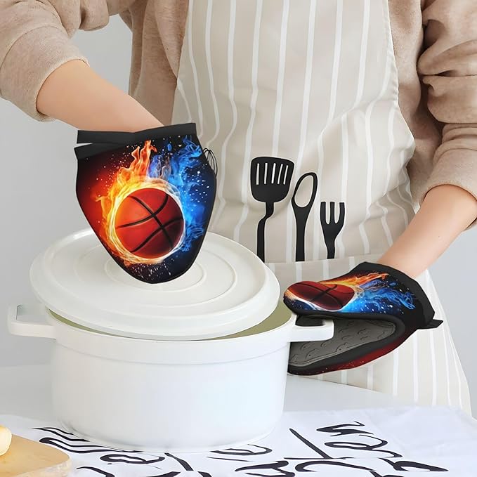 1 Pcs Mini Silicone Oven Mitts Basketball Heat Resistant Grilling Gloves with Hanging Loop, Fire and Water Short Kitchen Mittens for Cooking Baking BBQ