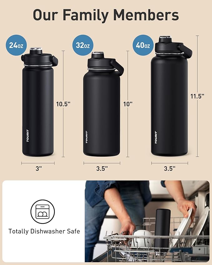 TOURIT 40 oz Insulated Water Bottle, Stainless Steel Sports Water Bottles With Top Handle, Double-Wall Travel Thermal Water Flask, BPA Free Leakproof Water Bottle for Sports and Travel, Black