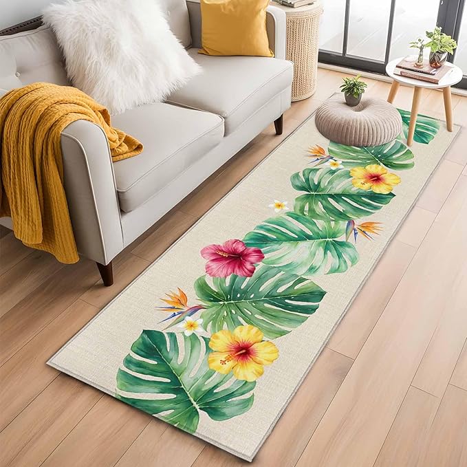 Runner Rug for Bedroom Hallway, Country Monstera Hibiscus Foliage Kitchen Runner Rugs Area Rug 2x6ft, Tropical Plant Vintage Linen Washable Soft Floor Carpet for Entryway Stair