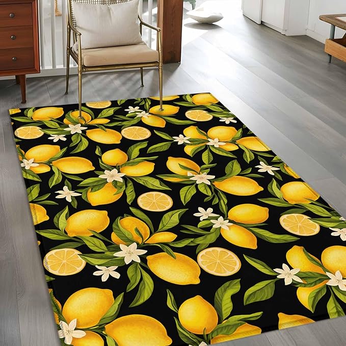 Area Rug 4x6ft, Summer Lemon Flower Washable Rugs for Living Room Bedroom, Plant on Black Soft Non-Slip Area Rugs Rectangle Floor Carpet for Dining Room