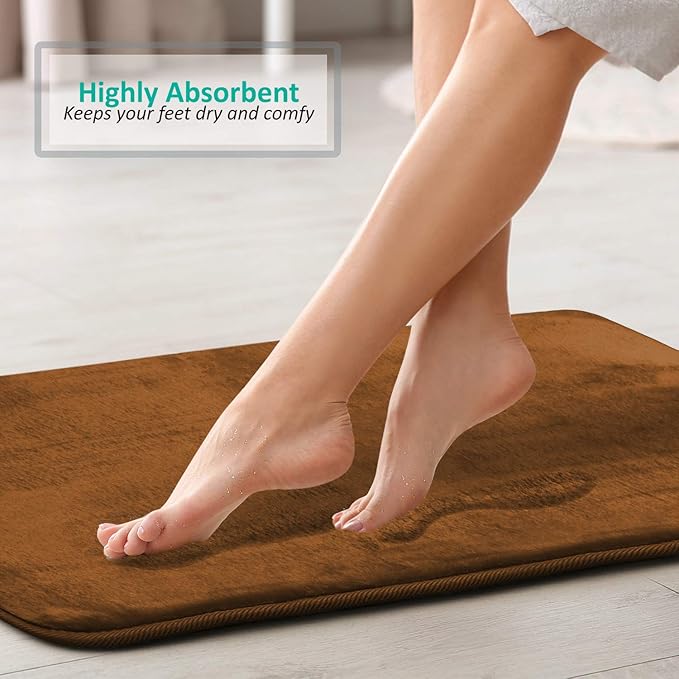 Clara Clark 3 Piece Bathroom Rugs Bath Mat Set, Velvet Memory Foam Bath Mats for Bathroom - Non-Slip, PVC Backing Bath Rugs, Washable - Dries Quickly, Brown
