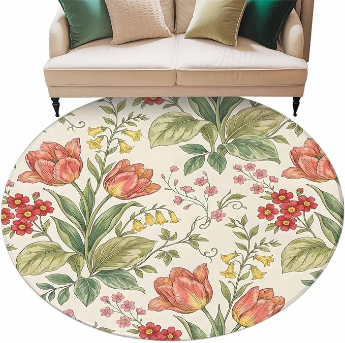 Washable Round Area Rug Vintage Tulips Red Daisies Circle Rugs Floor Carpet for Living Room Bedroom, Yellow Blooms Floral Pattern Soft Non Slip Round Rug 5ft
