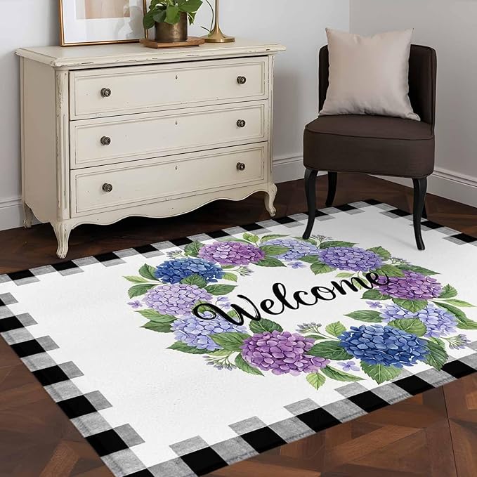 Area Rug 3x5ft, Summer Hydrangea Leaf Washable Rugs for Living Room Bedroom, Purple Blue Flower Buffalo Check Soft Non-Slip Area Rugs Rectangle Floor Carpet for Dining Room