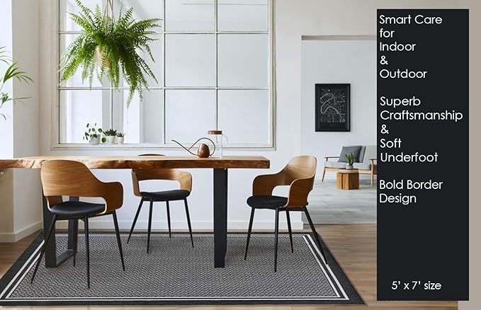 Gertmenian Indoor/Outdoor Flatweave Area Rug - 5x7 Standard, Stain & UV Resistant, Ideal for Deck, Patio, Poolside, Mudroom - Border, Black and White, 22256