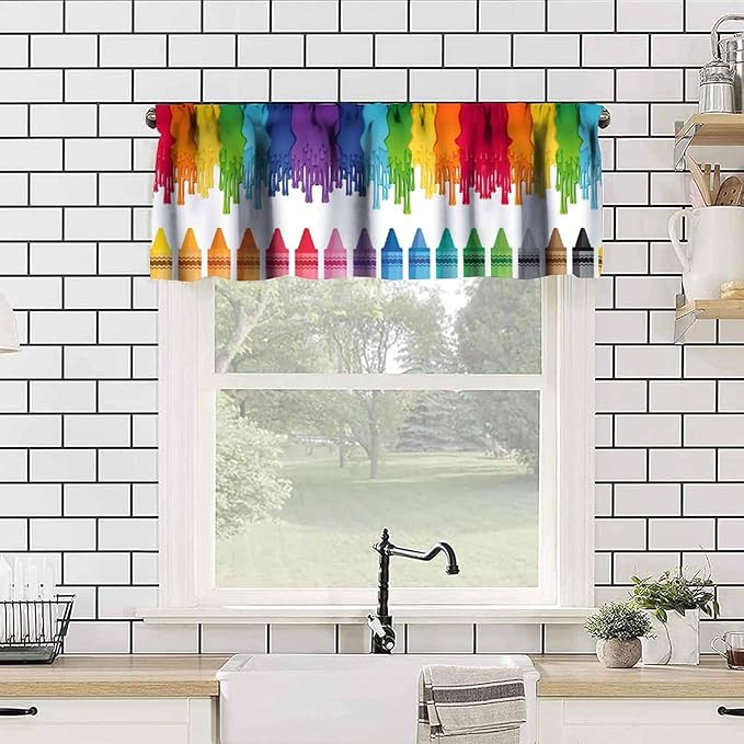 Colorful Crayon Valance, Kids Rainbow Colour Pigment Splash Oil Painting Art Window Treatment for Kitchen Dining Room Bedroom Nursery Classroom, 54x18Inch