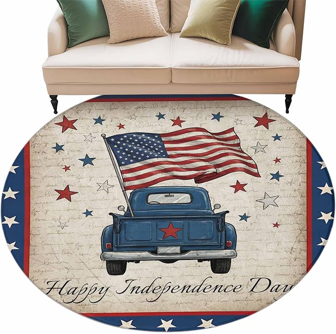 Washable Round Area Rug Happy Independence Day USA Flag Circle Rugs Floor Carpet for Living Room Bedroom, Retro Blue Truck Soft Non Slip Round Rug 5ft
