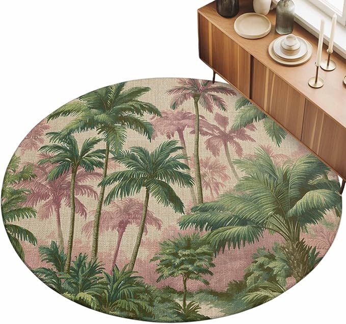 Washable Round Area Rug Exotic Forest Green Pink Palms Tree Circle Rugs Floor Carpet for Living Room Bedroom, Vintage Botantical Soft Non Slip Round Rug 5ft