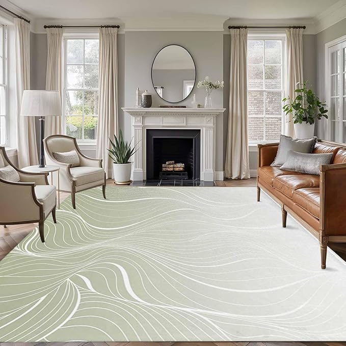 Area Rug 6x9ft, Sage Green Wavy Gradient Stripes Washable Rugs for Living Room Bedroom, Geometric Abstract Art Soft Non-Slip Area Rugs Rectangle Floor Carpet for Dining Room