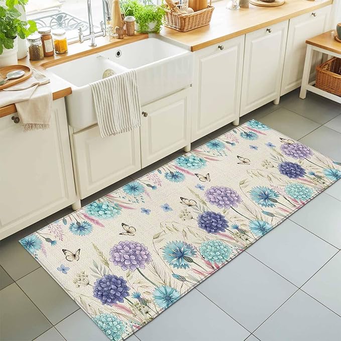 Runner Rug for Bedroom Hallway, Farm Blossom Floral Hydrangea Kitchen Runner Rugs Area Rug 2x6ft, Watercolor Butterfly on Linen Washable Soft Floor Carpet for Entryway Stair