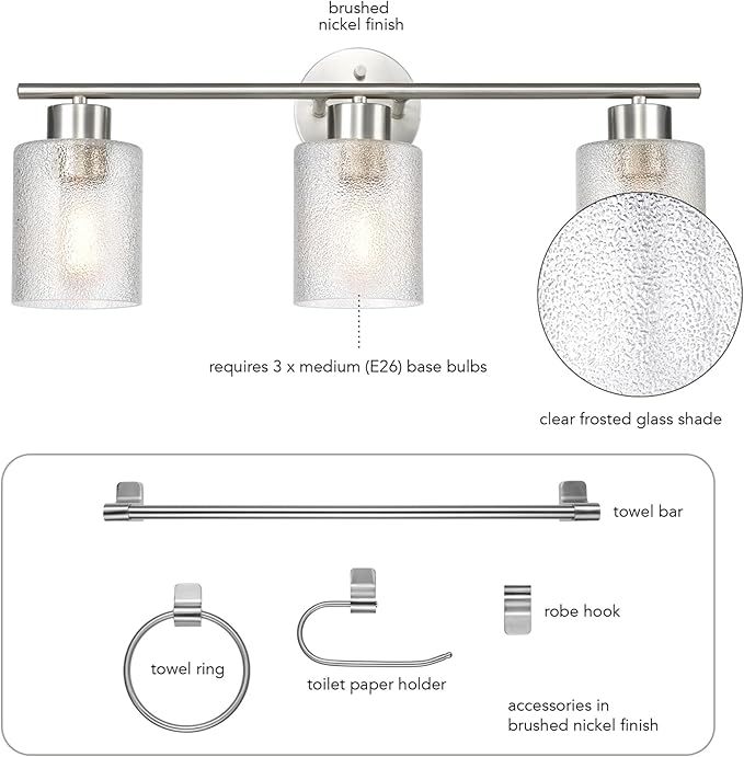 Globe Electric 63000209 5-Piece Bathroom Accessory Set with 23" 3-Light Vanity Light, Brushed Nickel Finish, Frosted Glass Shades, Towel Bar, Robe Hook, Towel Ring, Toilet Paper Holder