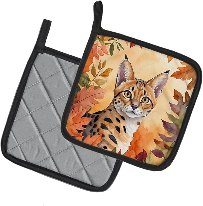 Caroline's Treasures Serengeti Cat in Fall Leaves Pair of Pot Holders Kitchen Heat Resistant Pot Holders Sets Oven Hot Pads for Cooking Baking BBQ, 7 1/2 x 7 1/2