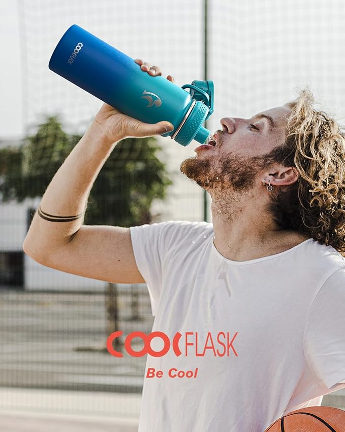 Coolflask Water Bottle 24 oz Insulated with Straw, Stainless Steel Metal 3 Lids Water Flask Wide Mouth for Sports or Office, Non-BPA Keep Cold Up to 48 Hrs or Hot Up to 24 Hrs, Indigo Blue