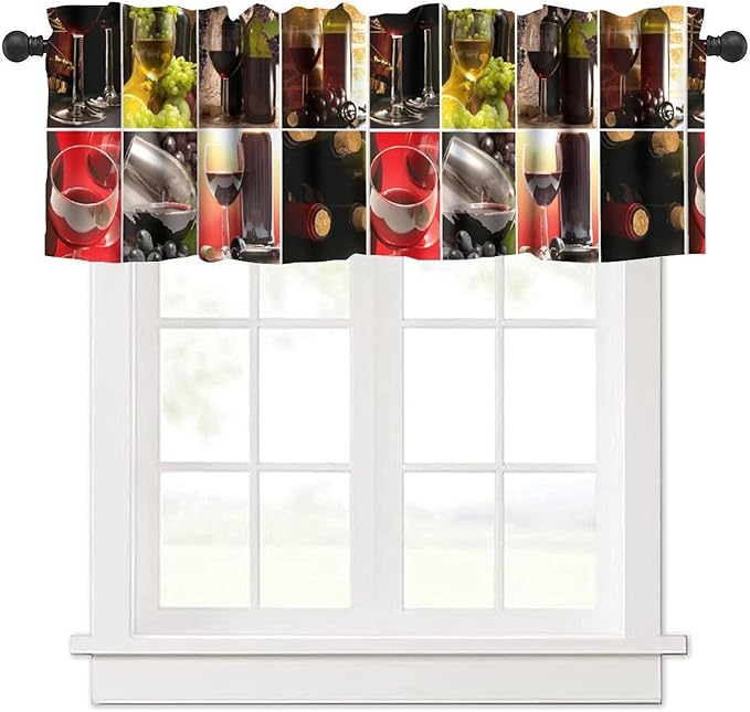 Red Wine Kitchen Valance, Modern Wine Bottle Glass Grape Print Short Window Drapes for Kitchen Dining Resturant Party Bedroom Living Room, 54x18Inch