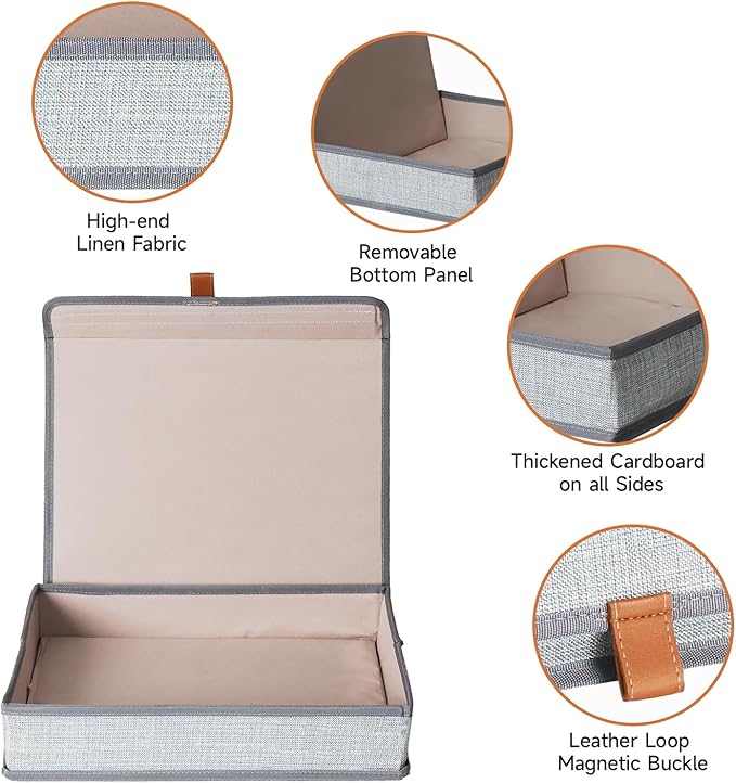 Photo Storage Boxes with Lids, Memory Box for Keepsakes, Picture Organizer Versatile Linen Containers Basket Collapsible Bin for Organizing Home Office, 2 Pack, 14x10.8x2.5 Inch, Gray