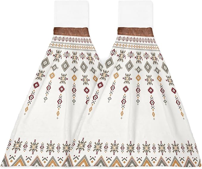 Alandar Home Kitchen Tie Towel Set of 2, Boho Tribal Totem Aztec Ethnic Stripe Absorbent Soft Hand Towels for Bathroom Hanging Towels, Vintage Brown Plank Fast Drying Cleaning Cloth with Loop