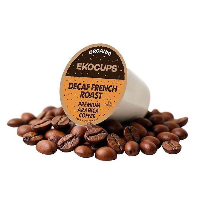 EKOCUPS Organic Swiss Water Decaf French Roast Coffee Pods, Extra 30% More Coffee Per Cup, Artisan Fair Trade Dark Roast, Decaf French Roast for Keurig K Cup Machines, Recyclable Pods, 80 Count