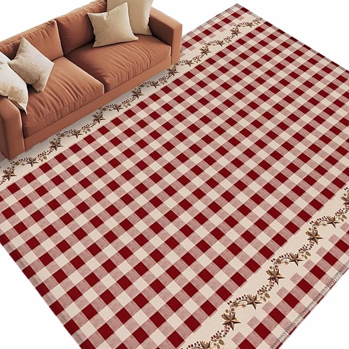 Area Rug 6x9ft, Vintage Red Buffalo Plaid Berry Washable Rugs for Living Room Bedroom, Farmhouse Western Star Soft Non-Slip Area Rugs Rectangle Floor Carpet for Dining Room
