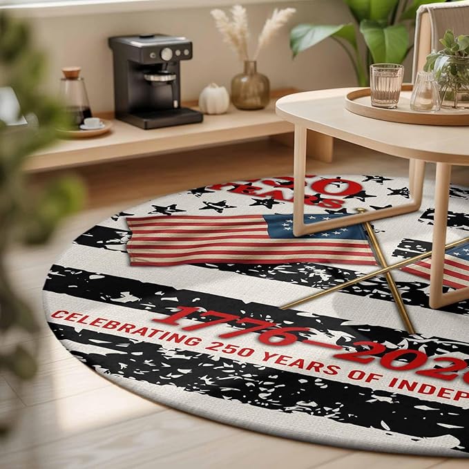 Washable Round Area Rug Independence Day 250th Anniversary Circle Rugs Floor Carpet for Living Room Bedroom, Retro USA Flags Soft Non Slip Round Rug 3ft