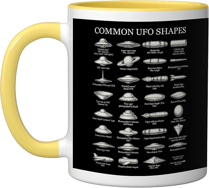 Common UFO Shapes Vintage Chart Alien Flying Saucer Ceramic Mug, Yellow/White
