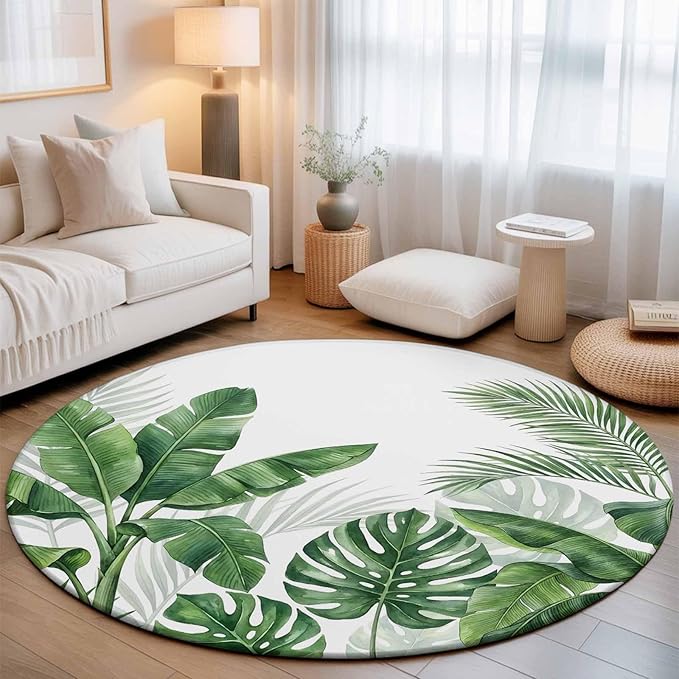 Washable Round Area Rug Watercolor Green Tropical Leaves Circle Rugs Floor Carpet for Living Room Bedroom, Botanical Palm Leaf Plants Soft Non Slip Round Rug 5ft