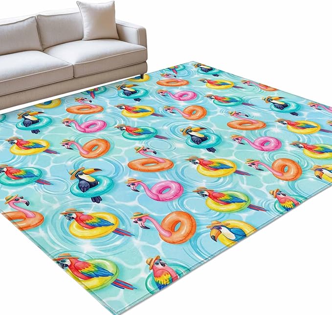 Area Rug 4x6ft, Summer Pool Float Swim Rings Washable Rugs for Living Room Bedroom, Tropical Flamingo Birds Soft Non-Slip Area Rugs Rectangle Floor Carpet for Dining Room