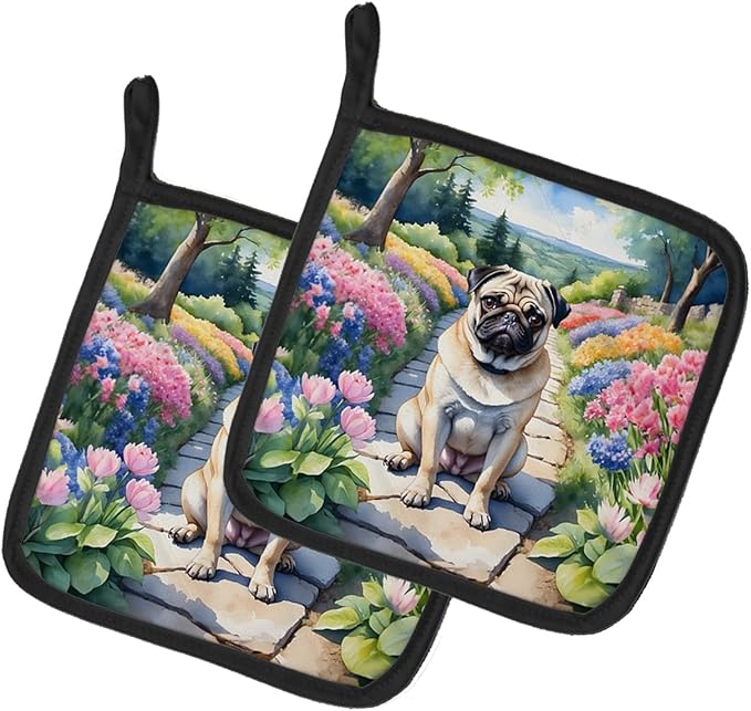 Caroline's Treasures Pug Spring Path Pair of Pot Holders Kitchen Heat Resistant Pot Holders Sets Oven Hot Pads for Cooking Baking BBQ, 7 1/2 x 7 1/2