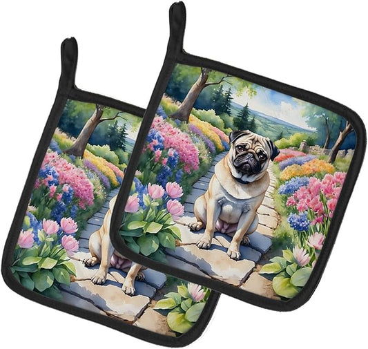 Caroline's Treasures Pug Spring Path Pair of Pot Holders Kitchen Heat Resistant Pot Holders Sets Oven Hot Pads for Cooking Baking BBQ, 7 1/2 x 7 1/2