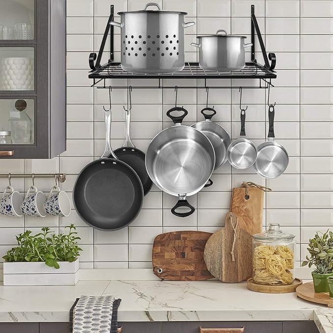 Sorbus Hanging Pot Rack - Wall Mounted Pot Rack storage shelf hanging rack — Pots and Pans Rack shelf Organizer holder pot hanger - 10 S Hooks - kitchen cookware, utensils, pans, 2 DIY Methods (Black)