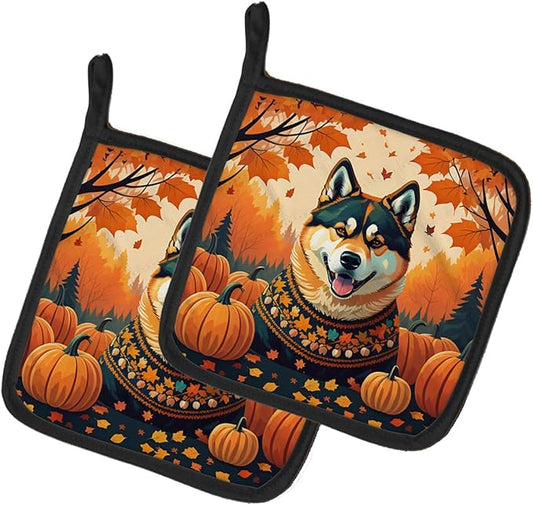 Caroline's Treasures DAC1005PTHD Akita Fall Pair of Pot Holders Kitchen Heat Resistant Pot Holders Sets Oven Hot Pads for Cooking Baking BBQ, 7 1/2 x 7 1/2