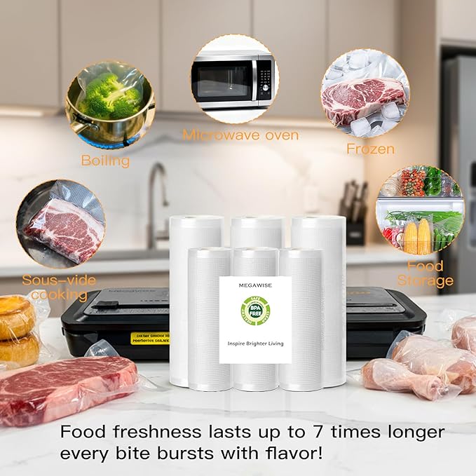 MEGAWISE Vacuum Sealer Bag Rolls with Labels & Marker, 2 Rolls 8 inch wide × 16.4 Feet Long BPA-Free Embossed Vacuum Rolls for All Vacuum Sealers